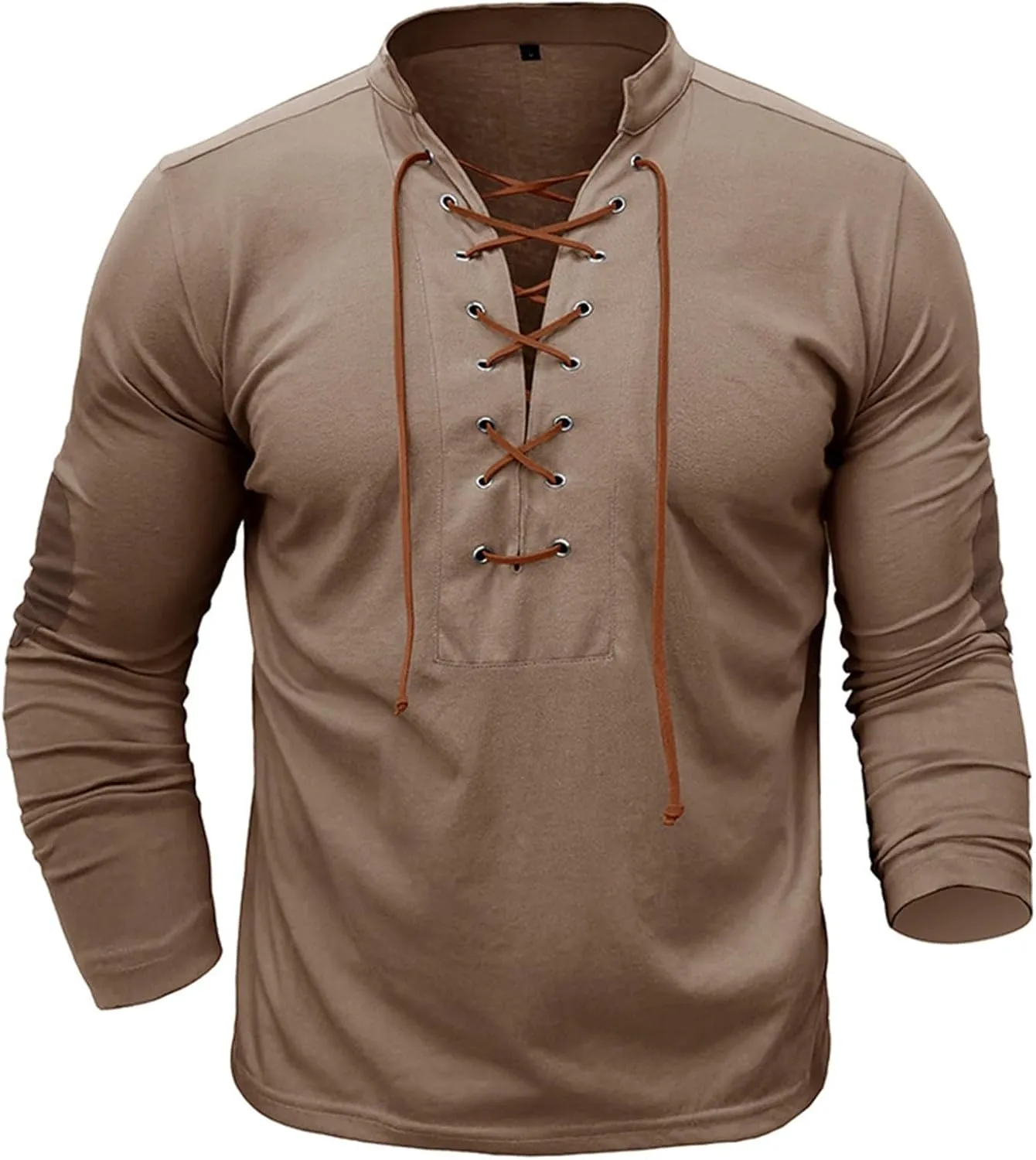 Men's Lace Up Tee Shirt Casual Long Sleeve Button Solid Color T-Shirt Medieval Renaissance Viking Shirts for Men