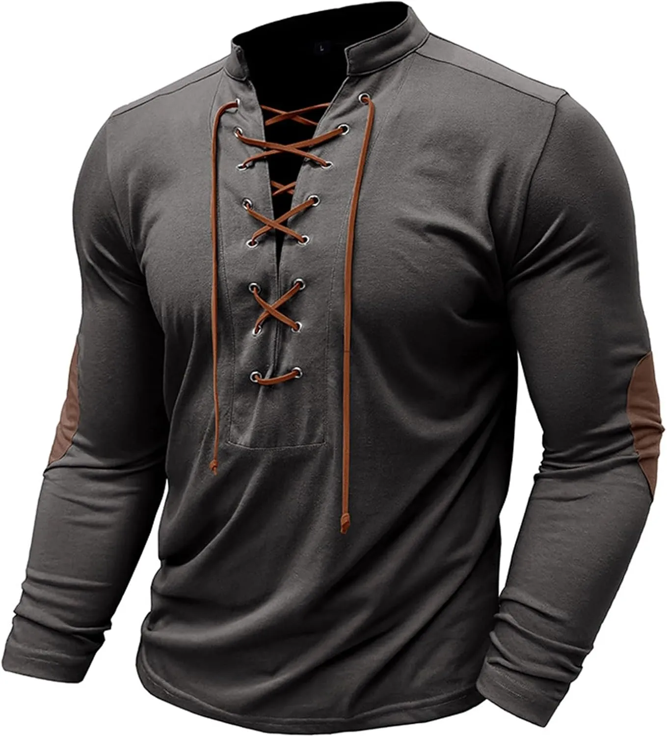 Men's Lace Up Tee Shirt Casual Long Sleeve Button Solid Color T-Shirt Medieval Renaissance Viking Shirts for Men