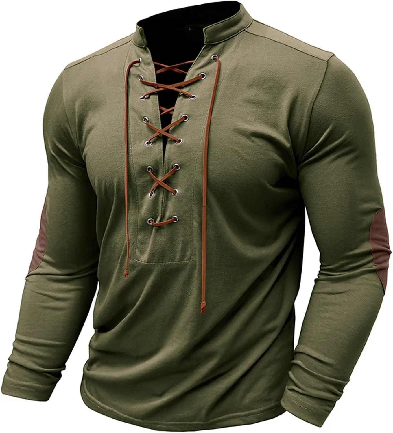 Men's Lace Up Tee Shirt Casual Long Sleeve Button Solid Color T-Shirt Medieval Renaissance Viking Shirts for Men