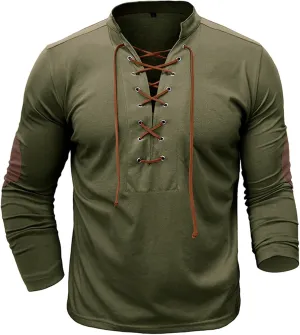 Men's Lace Up Tee Shirt Casual Long Sleeve Button Solid Color T-Shirt Medieval Renaissance Viking Shirts for Men
