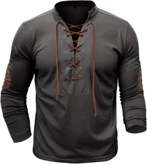 Men's Lace Up Tee Shirt Casual Long Sleeve Button Solid Color T-Shirt Medieval Renaissance Viking Shirts for Men