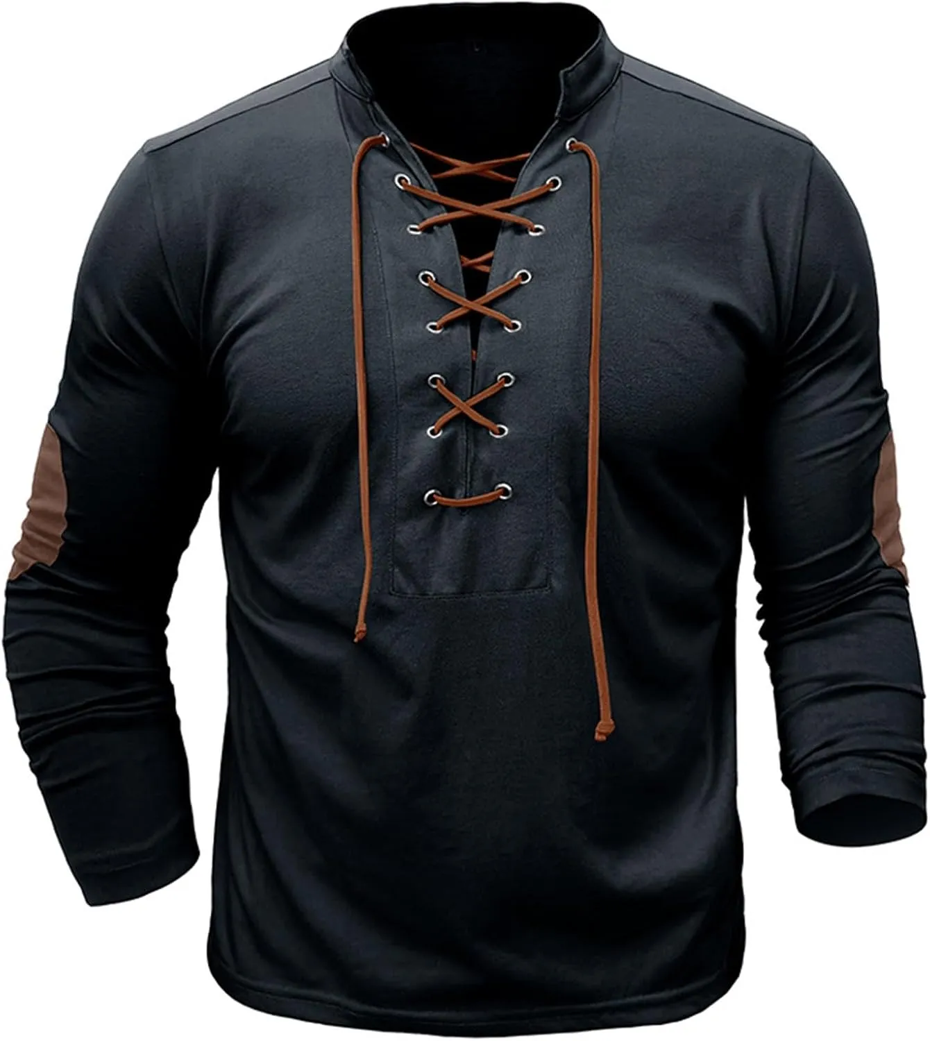 Men's Lace Up Tee Shirt Casual Long Sleeve Button Solid Color T-Shirt Medieval Renaissance Viking Shirts for Men