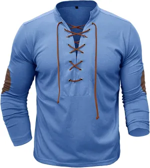 Men's Lace Up Tee Shirt Casual Long Sleeve Button Solid Color T-Shirt Medieval Renaissance Viking Shirts for Men