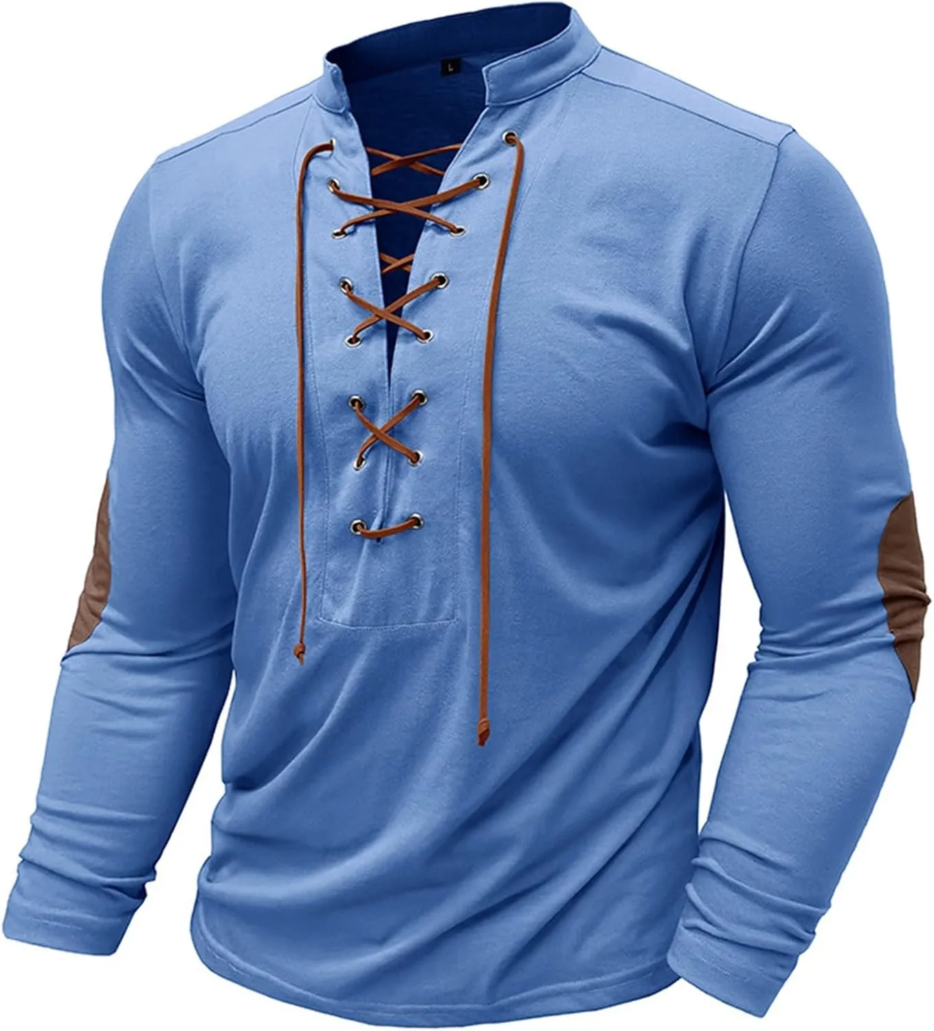Men's Lace Up Tee Shirt Casual Long Sleeve Button Solid Color T-Shirt Medieval Renaissance Viking Shirts for Men