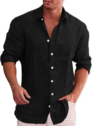 Men's Linen Shirts Loose Plus Size Solid Color T-Shirt Linen Lapel Long Sleeve Casual Shirt Summer Beach T-Shirt