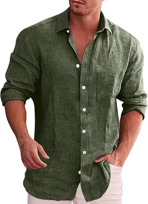 Men's Linen Shirts Loose Plus Size Solid Color T-Shirt Linen Lapel Long Sleeve Casual Shirt Summer Beach T-Shirt