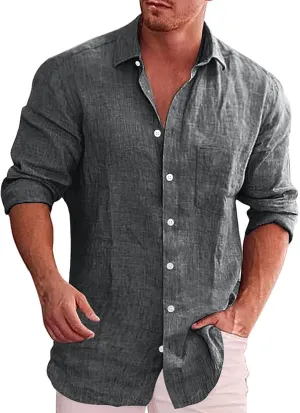 Men's Linen Shirts Loose Plus Size Solid Color T-Shirt Linen Lapel Long Sleeve Casual Shirt Summer Beach T-Shirt