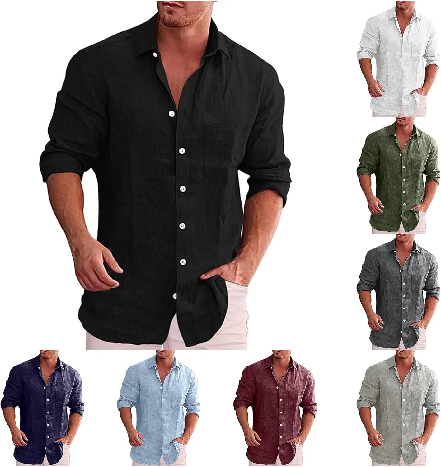 Men's Linen Shirts Loose Plus Size Solid Color T-Shirt Linen Lapel Long Sleeve Casual Shirt Summer Beach T-Shirt