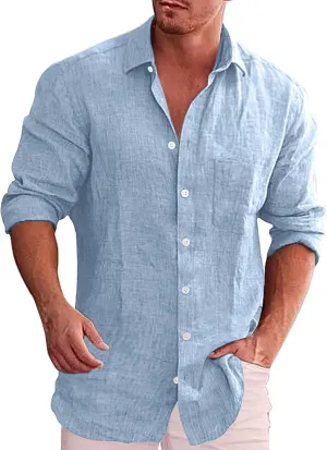 Men's Linen Shirts Loose Plus Size Solid Color T-Shirt Linen Lapel Long Sleeve Casual Shirt Summer Beach T-Shirt