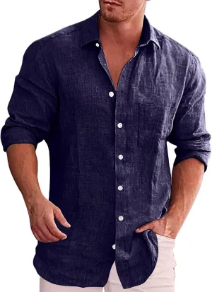 Men's Linen Shirts Loose Plus Size Solid Color T-Shirt Linen Lapel Long Sleeve Casual Shirt Summer Beach T-Shirt