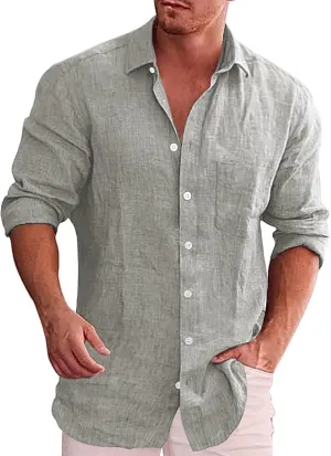 Men's Linen Shirts Loose Plus Size Solid Color T-Shirt Linen Lapel Long Sleeve Casual Shirt Summer Beach T-Shirt