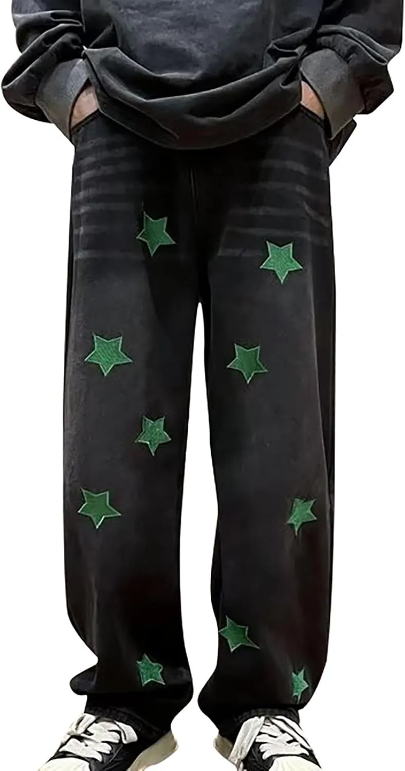 Men's Regular Fit Baggy Hip Hop Star Pants Denim Loose Goth Fashion Streetwear Jeans for Man Mend Jeans Straight Fit