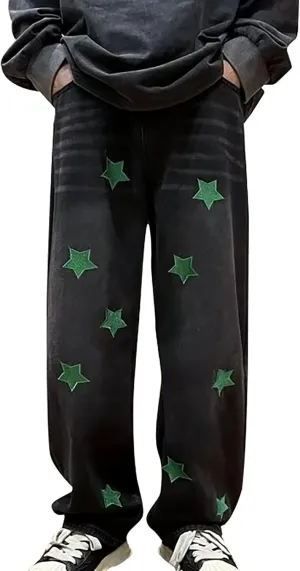 Men's Regular Fit Baggy Hip Hop Star Pants Denim Loose Goth Fashion Streetwear Jeans for Man Mend Jeans Straight Fit