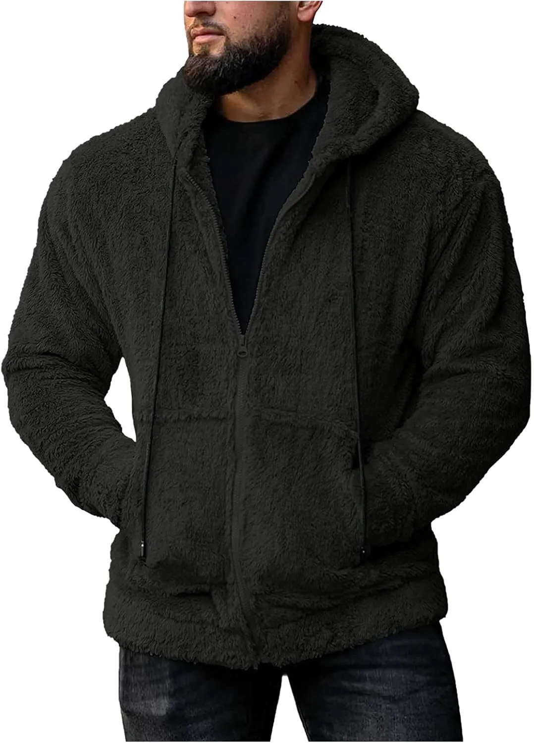 Mens Thick Fuzzy Sherpa Athletic Hoodie Heavyweight Fleece Jacket Zip Up Hooded Sweatshirt Sports Coat