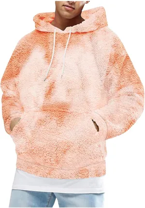 Mens Tie Dye Fuzzy Sherpa Hoodies Cozy Loose Pullover Sweatshirts with Hood Solid Color Unisex Fluffy Teddy Coats
