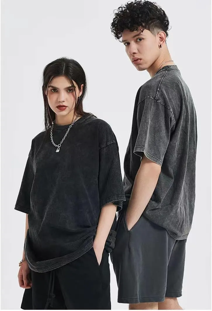 Men's Women's Oversized Vintage T-Shirt Unisex Basic Acid Washed Cotton T-Shirt Casual Hip Hop Top