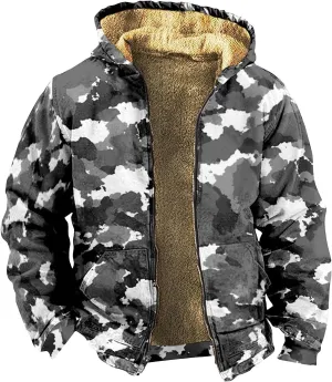 Mens Zip Up Hoodie Heavyweight Camo Hoodie Thick Fleece Lined Jacket Fall Fashion Coat Warm Winter Outwear