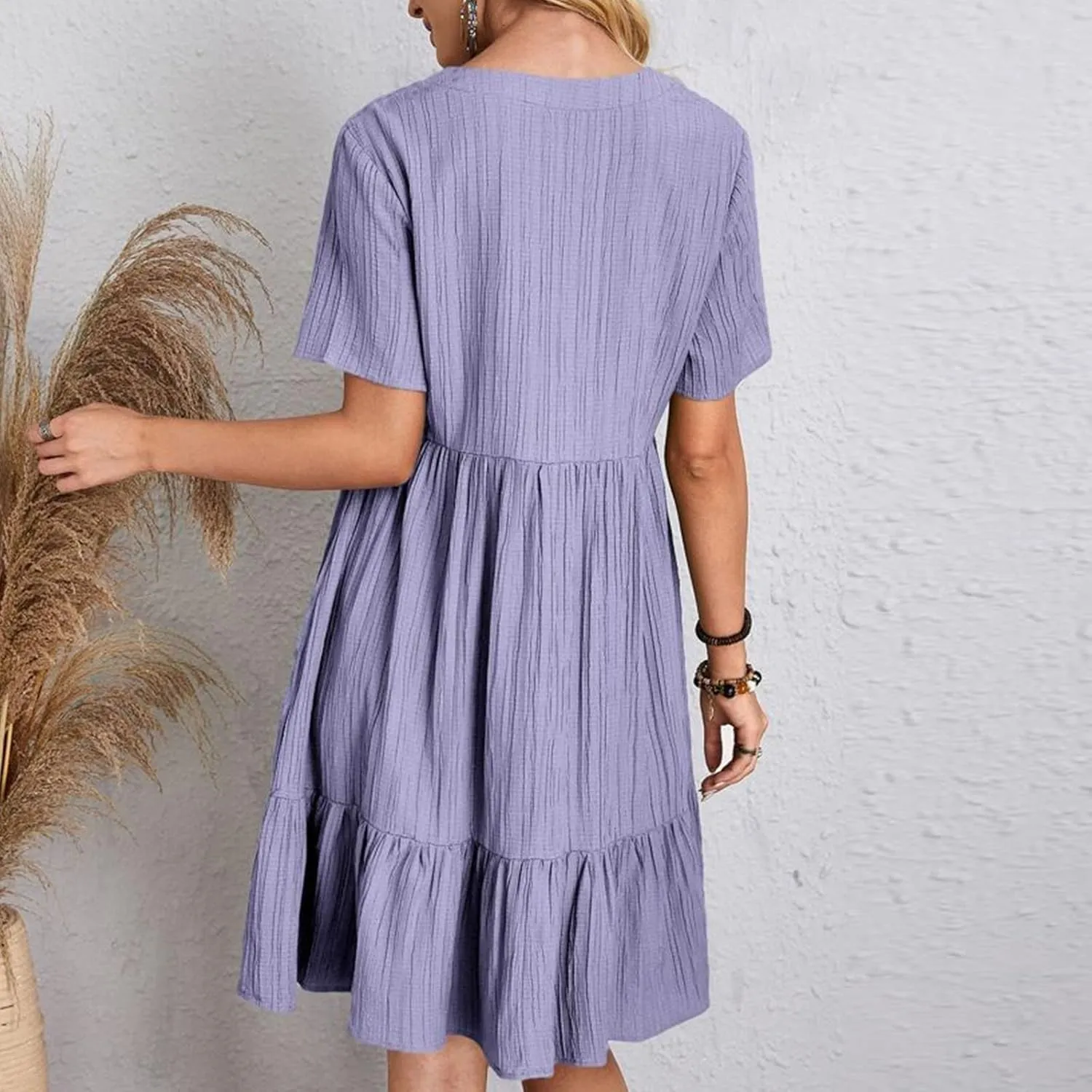 Midi Dresses for Women Ruched Empire Waist Casual Dresses Loose V Neck Short Sleeve Vacation Beach Summer Dresses