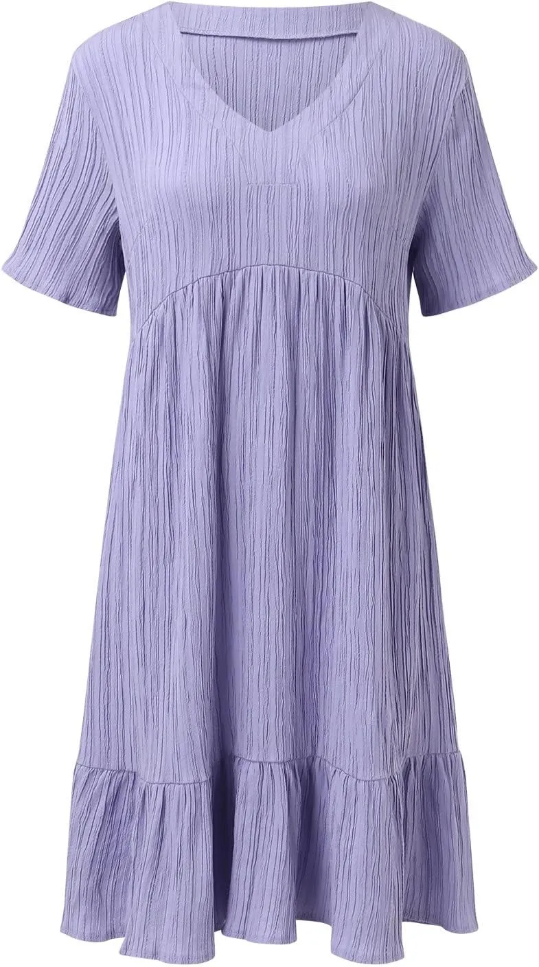 Midi Dresses for Women Ruched Empire Waist Casual Dresses Loose V Neck Short Sleeve Vacation Beach Summer Dresses