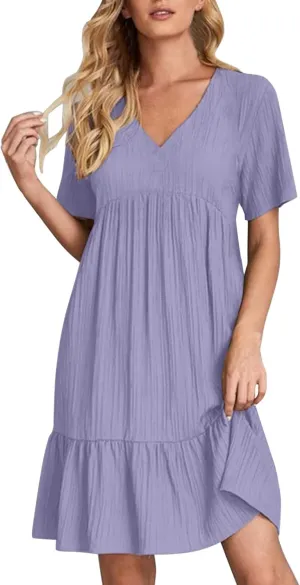 Midi Dresses for Women Ruched Empire Waist Casual Dresses Loose V Neck Short Sleeve Vacation Beach Summer Dresses