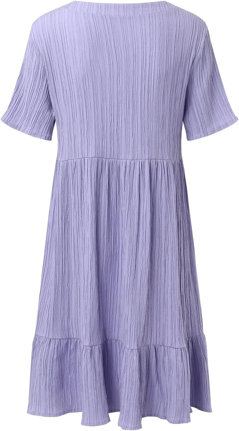 Midi Dresses for Women Ruched Empire Waist Casual Dresses Loose V Neck Short Sleeve Vacation Beach Summer Dresses