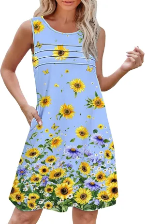 Midi Summer Dresses for Women Womens with Pockets Summer Casual Tank Dress Sleeveless Midi Beach Dress Linen Dress