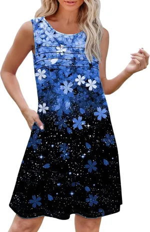 Midi Summer Dresses for Women Womens with Pockets Summer Casual Tank Dress Sleeveless Midi Beach Dress Linen Dress