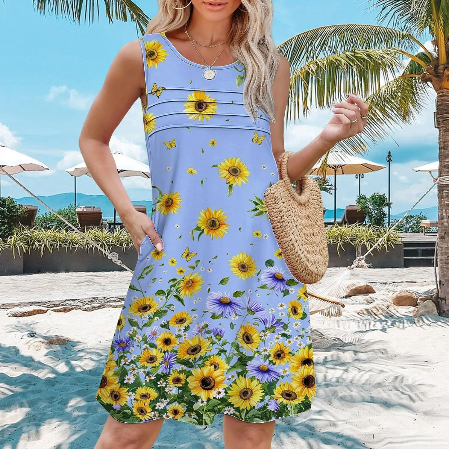 Midi Summer Dresses for Women Womens with Pockets Summer Casual Tank Dress Sleeveless Midi Beach Dress Linen Dress