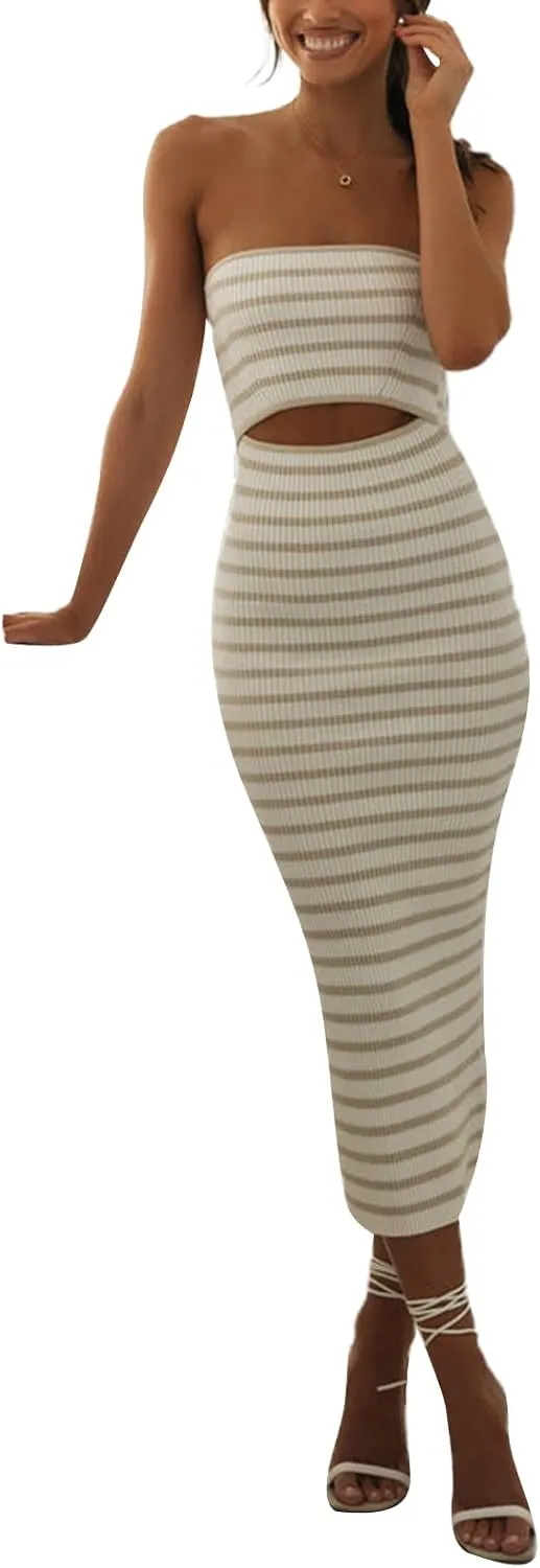 Miqil Women's Sexy Hollow Out Knitted Maxi Dress Y2k Sleeveless Bodycon Off Shoulder Tube Dress Elegant Evening Long Dress