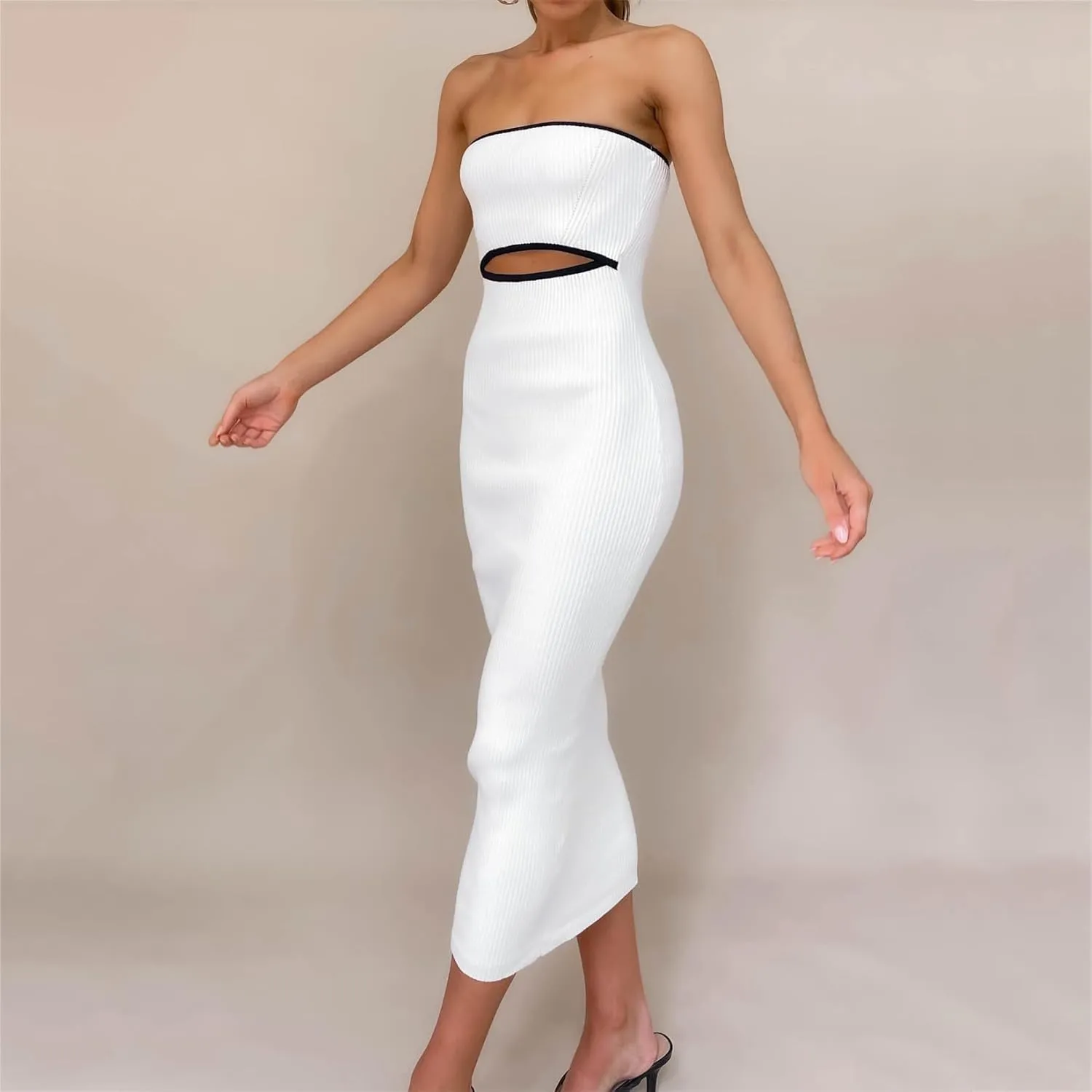 Miqil Women's Sexy Hollow Out Knitted Maxi Dress Y2k Sleeveless Bodycon Off Shoulder Tube Dress Elegant Evening Long Dress