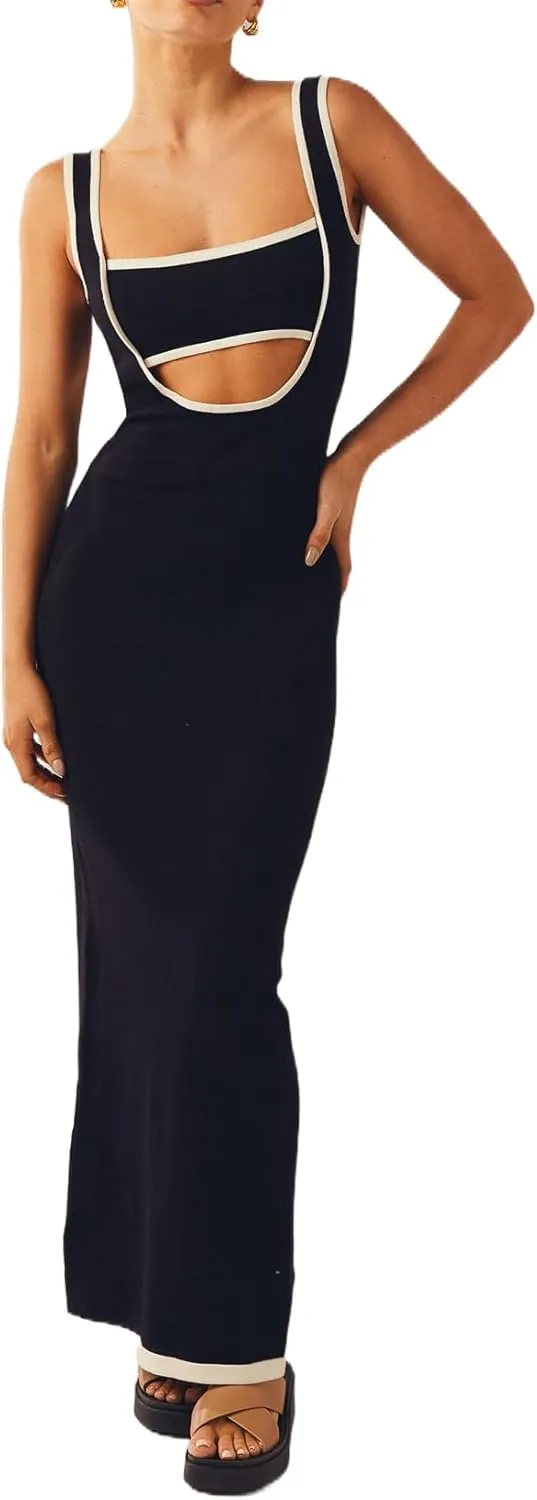 Miqil Women's Sexy Hollow Out Knitted Maxi Dress Y2k Sleeveless Bodycon Off Shoulder Tube Dress Elegant Evening Long Dress