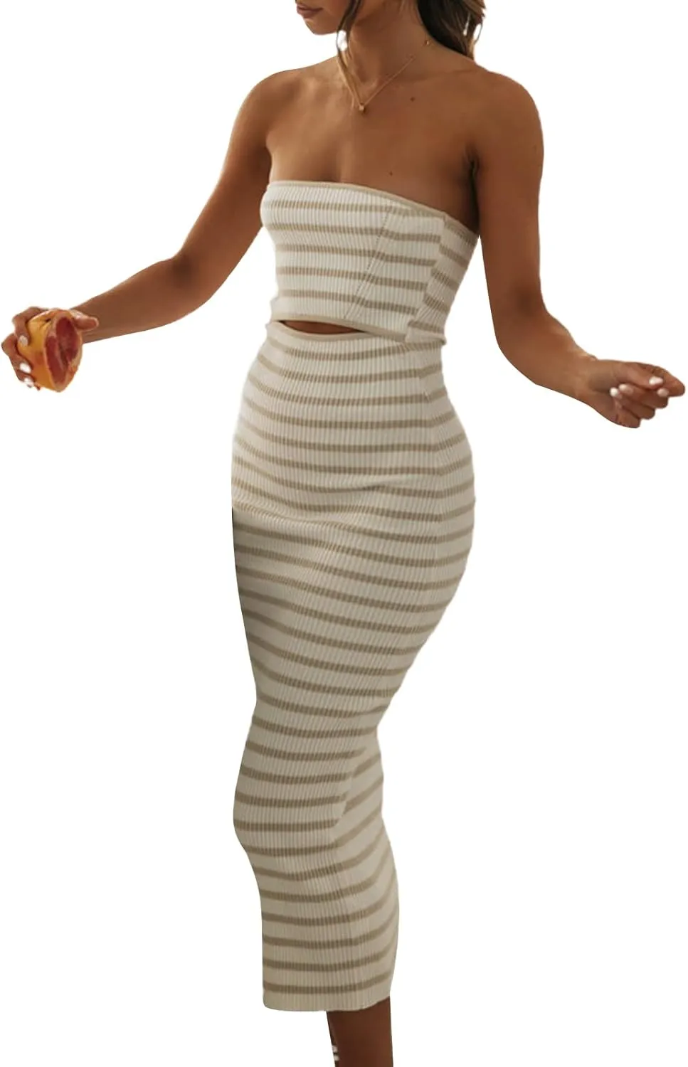 Miqil Women's Sexy Hollow Out Knitted Maxi Dress Y2k Sleeveless Bodycon Off Shoulder Tube Dress Elegant Evening Long Dress