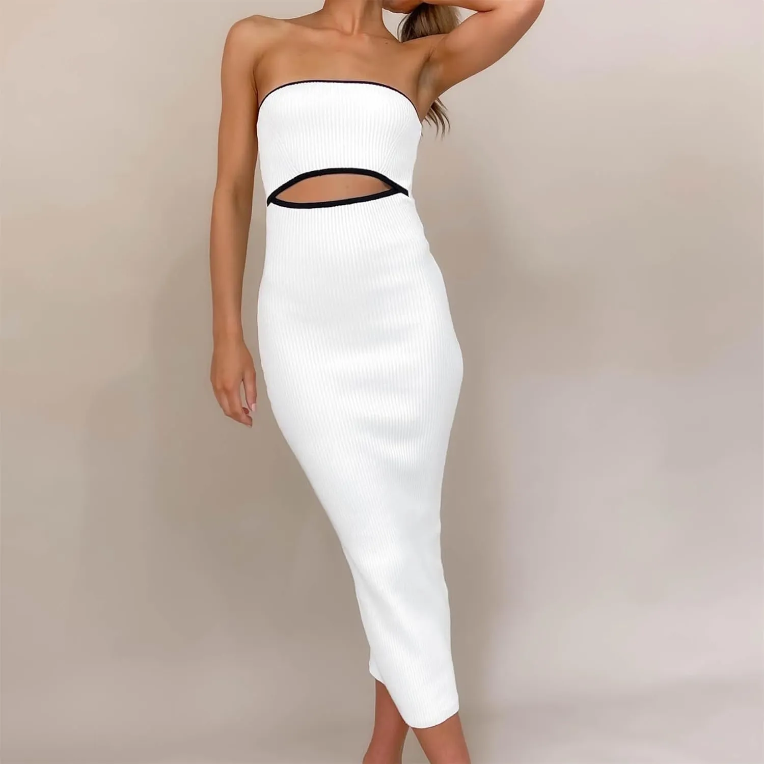 Miqil Women's Sexy Hollow Out Knitted Maxi Dress Y2k Sleeveless Bodycon Off Shoulder Tube Dress Elegant Evening Long Dress