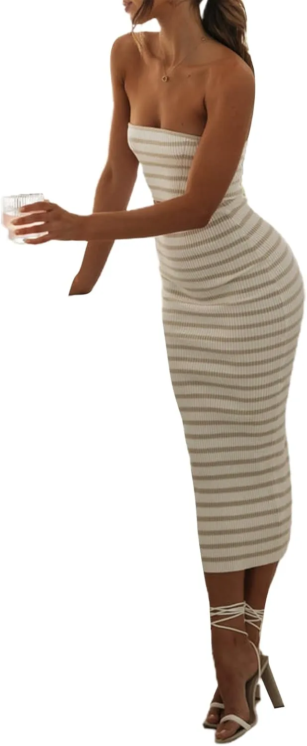 Miqil Women's Sexy Hollow Out Knitted Maxi Dress Y2k Sleeveless Bodycon Off Shoulder Tube Dress Elegant Evening Long Dress