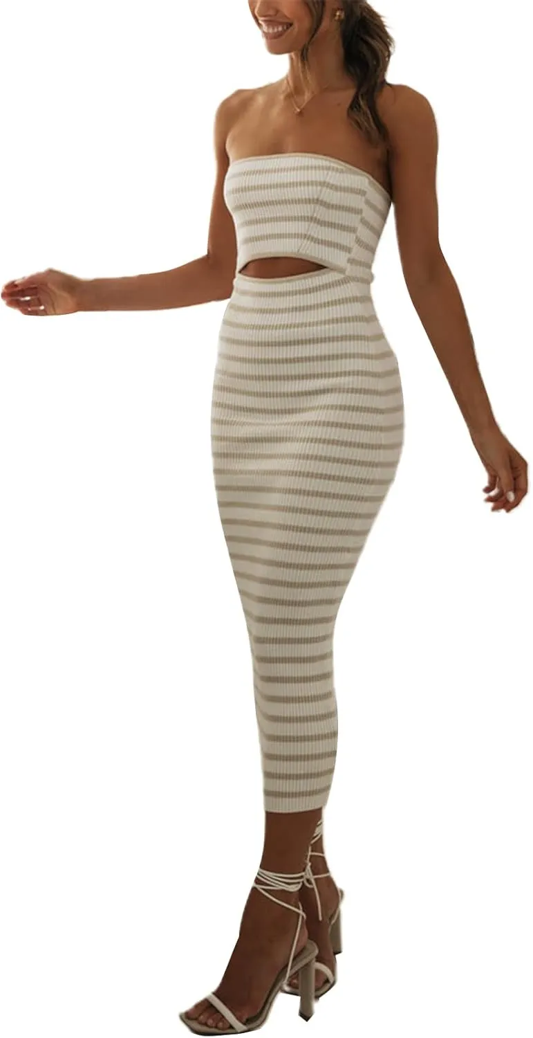 Miqil Women's Sexy Hollow Out Knitted Maxi Dress Y2k Sleeveless Bodycon Off Shoulder Tube Dress Elegant Evening Long Dress