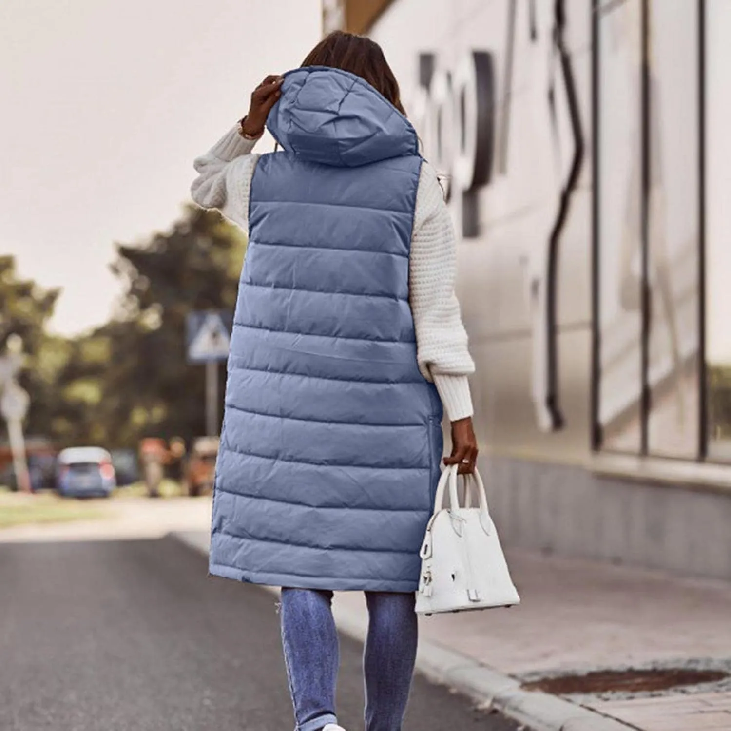 Mmoneyake Womens Long Down Vest Full-Zip Hooded Sleeveless Down Jacket Coat Warm Winter Outdoor Puffer Quilted Vest Outerwear