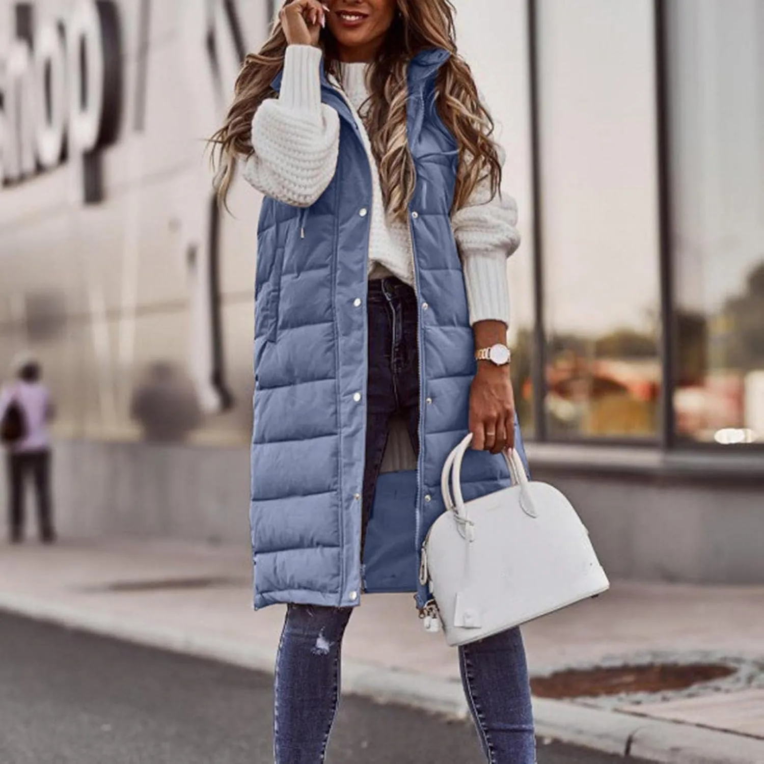 Mmoneyake Womens Long Down Vest Full-Zip Hooded Sleeveless Down Jacket Coat Warm Winter Outdoor Puffer Quilted Vest Outerwear