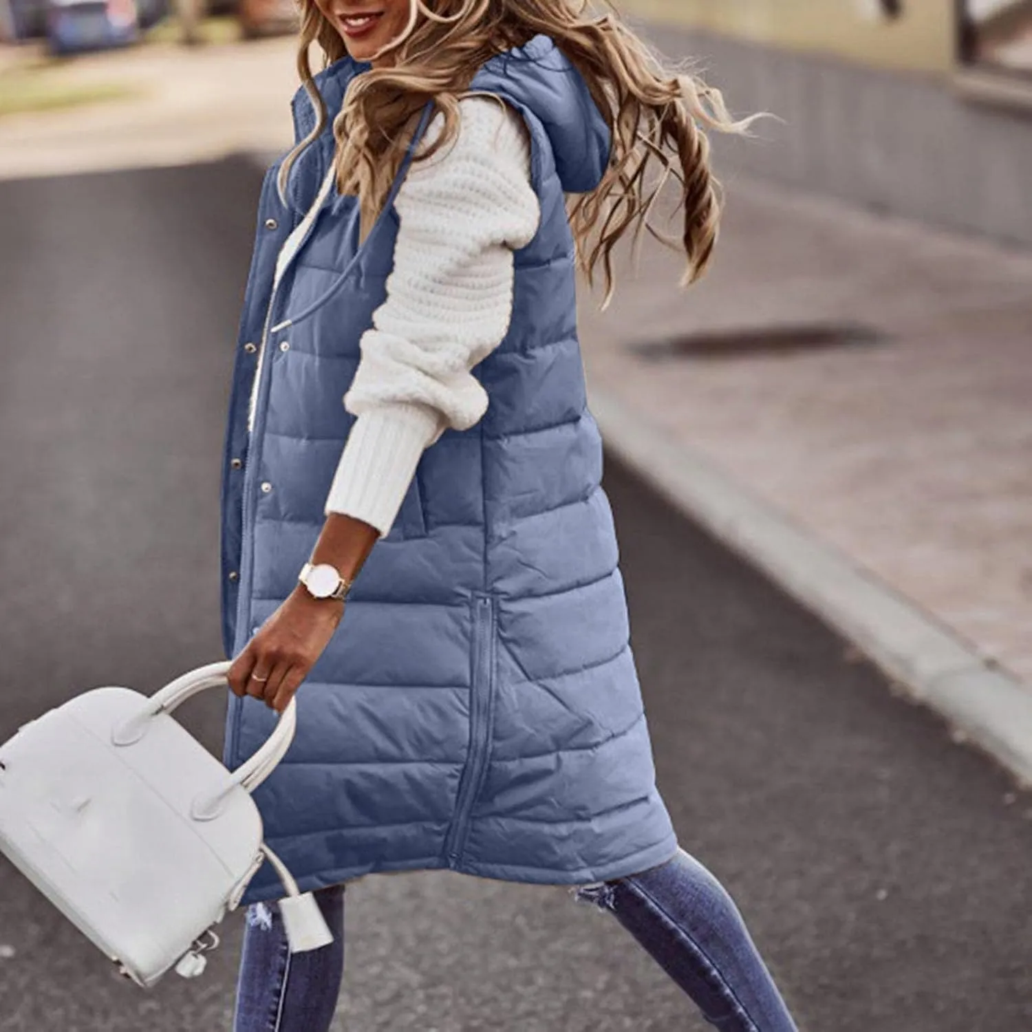 Mmoneyake Womens Long Down Vest Full-Zip Hooded Sleeveless Down Jacket Coat Warm Winter Outdoor Puffer Quilted Vest Outerwear