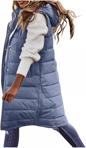 Mmoneyake Womens Long Down Vest Full-Zip Hooded Sleeveless Down Jacket Coat Warm Winter Outdoor Puffer Quilted Vest Outerwear