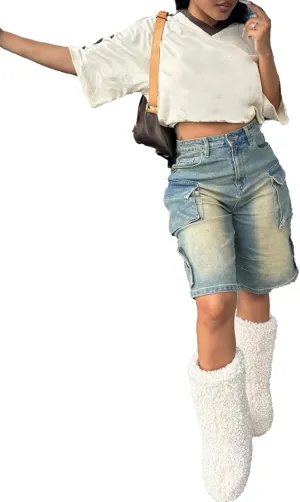 Molisry Women's Cargo Jean Shorts Casual High Waisted Y2K Straight Wide Leg Baggy Denim Bermuda Shorts Streetwear