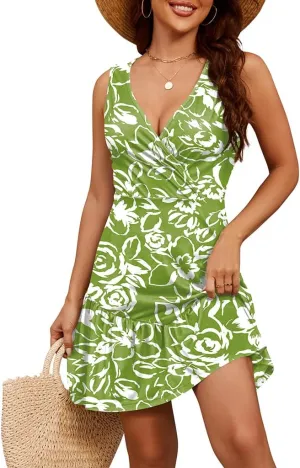 Naggoo Womens Sundresses Summer Sleeveless Floral Dress Wrap V Neck Tank Dress