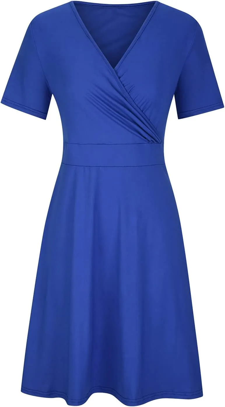 NaRHbrg Summer Dresses for Women 2024 Wrap V Neck Short Sleeve Midi Dress Ruffle Hem A-Line Sundress Cocktail Party Dress