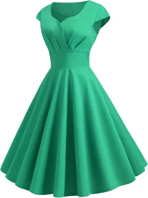 NaRHbrg Women's 1950s Vintage Dress Wrap V Neck Cap Sleeve Dress Retro Cocktail Party Swing Dresses A-Line Flared Midi Dress