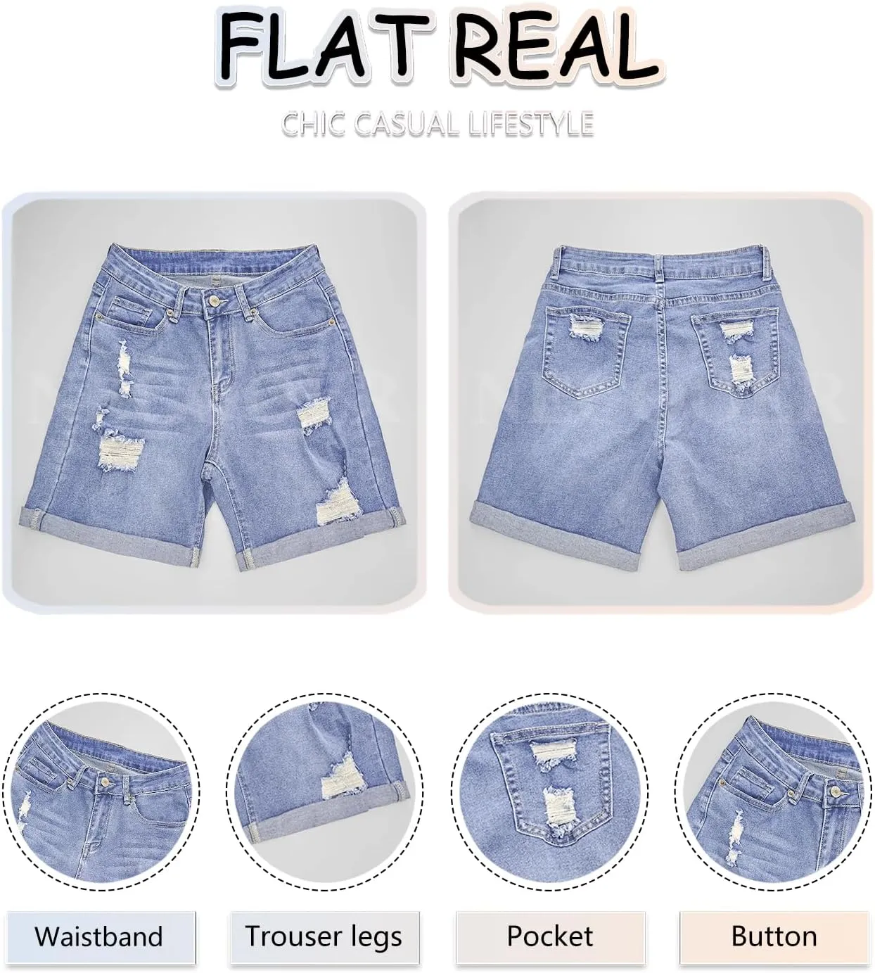 Necooer Women Jean Shorts Ripped Casual Summer Fashion Stretchy Classic Folded Hem Denim Shorts
