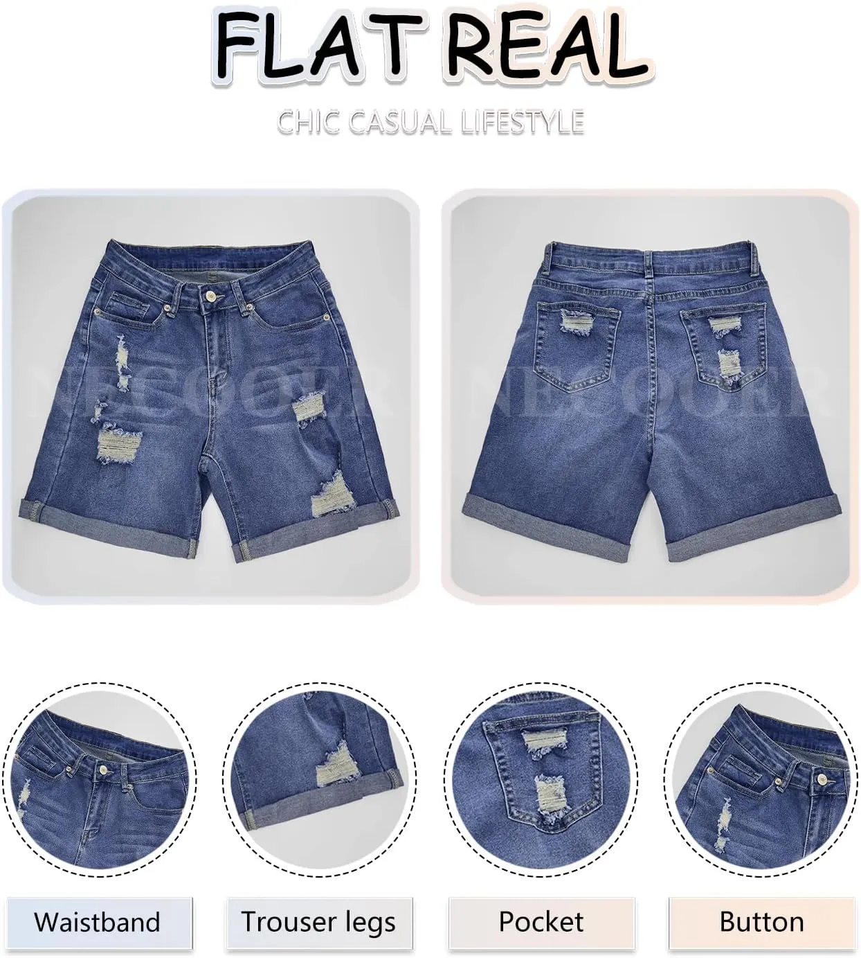 Necooer Women Jean Shorts Ripped Casual Summer Fashion Stretchy Classic Folded Hem Denim Shorts