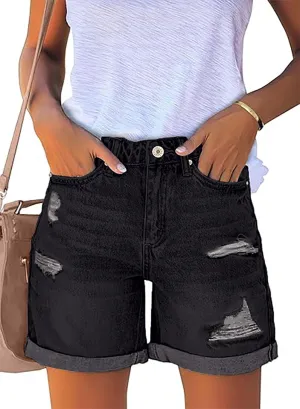 Necooer Women Jean Shorts Ripped Casual Summer Fashion Stretchy Classic Folded Hem Denim Shorts