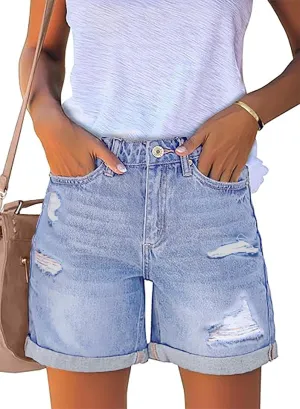 Necooer Women Jean Shorts Ripped Casual Summer Fashion Stretchy Classic Folded Hem Denim Shorts