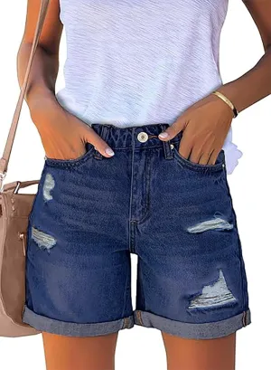 Necooer Women Jean Shorts Ripped Casual Summer Fashion Stretchy Classic Folded Hem Denim Shorts
