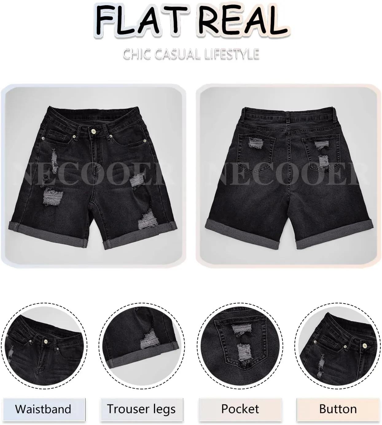 Necooer Women Jean Shorts Ripped Casual Summer Fashion Stretchy Classic Folded Hem Denim Shorts