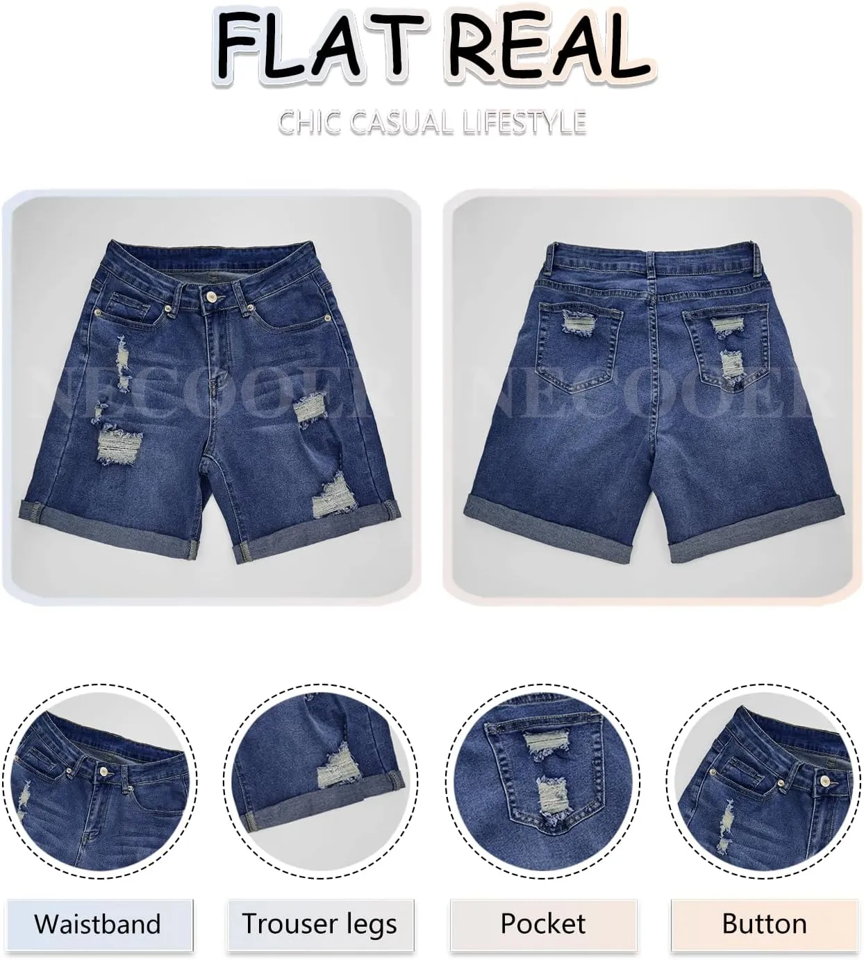 Necooer Women Jean Shorts Ripped Casual Summer Fashion Stretchy Classic Folded Hem Denim Shorts